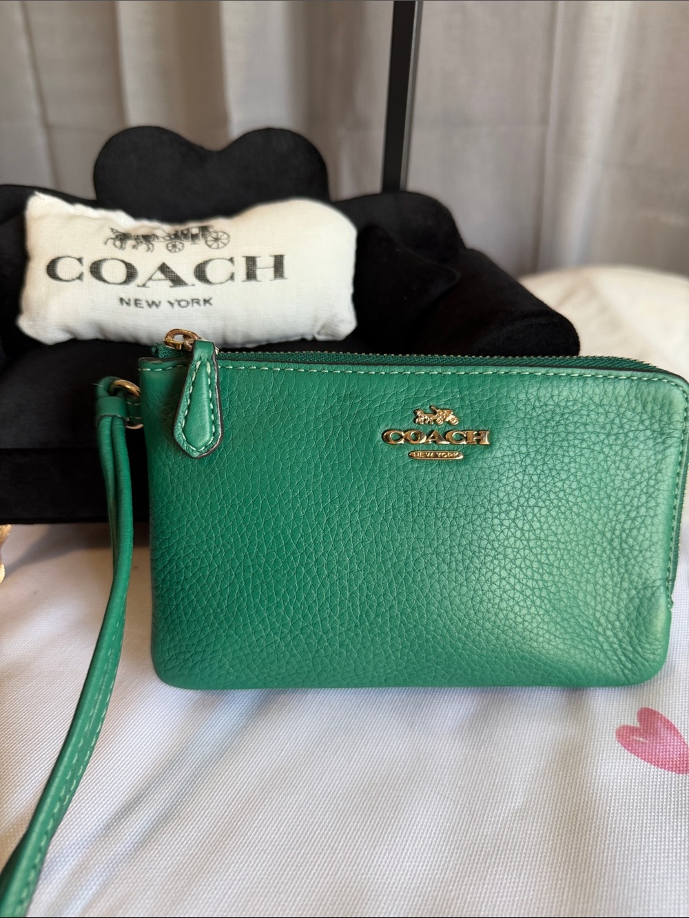 COACH Double Zip Green Pebbled Leather Wristlet with Gold Hardware